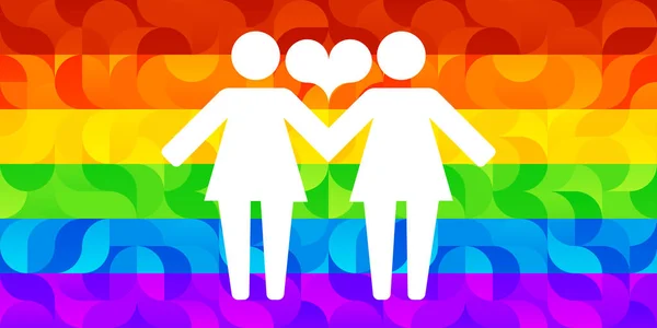 Εικονογράμματα ομοφυλόφιλων γυναικών, κρατώντας τα χέρια σε ένα φόντο της σημαίας ΛΟΑΤ και καρδιές. — Διανυσματικό Αρχείο