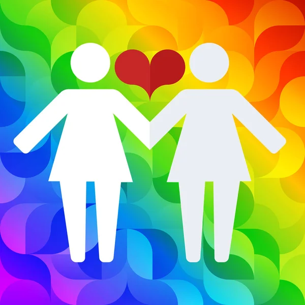 Εικονογράμματα ομοφυλόφιλων γυναικών, κρατώντας τα χέρια σε ένα φόντο της σημαίας ΛΟΑΤ και καρδιές. — Διανυσματικό Αρχείο
