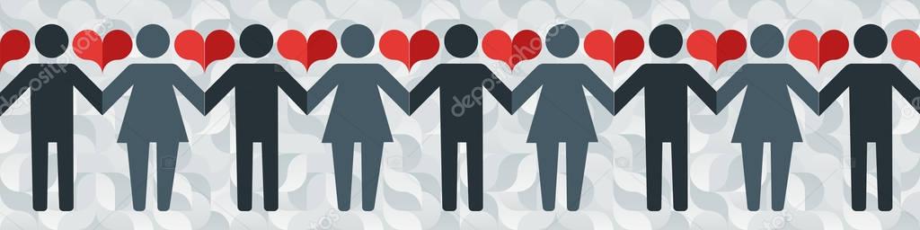 Pictograms of men and women holding hands on the background of an abstract pattern and hearts.