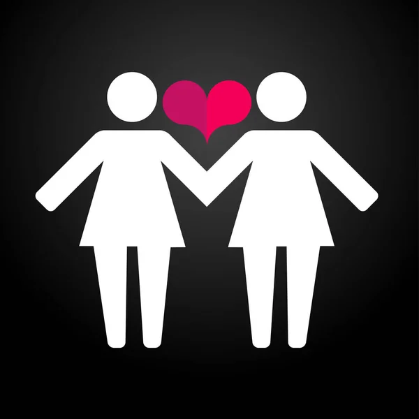Piktogramy lesbické ženy, drželi se za ruce na pozadí a srdce. — Stockový vektor