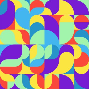 Parlak renklerde basit geometrik şekillerin kusursuz deseni. Web, sunum, markalaşma paketi, kumaş baskısı, duvar kağıdı için modern tasarım şablonu.