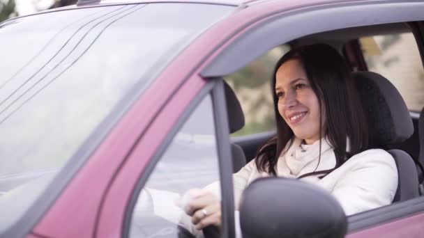 Woman at the wheel in her new car — Stock Video