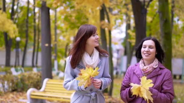 Düşen yaprakları iki kız bak — Stok video