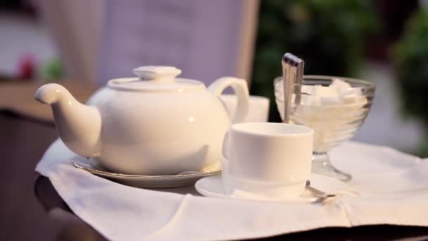 Uma xícara de chá, um bule de chá e uma tigela de açúcar — Vídeo de Stock