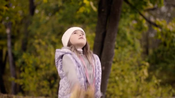 Pequeña linda chica lanza hojas caídas en el parque de otoño — Vídeos de Stock