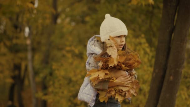 Маленька дівчинка кидає осіннє листя — стокове відео
