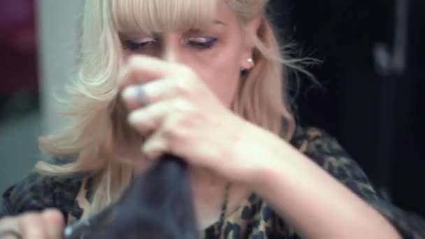 Haarstylist snijdt het haar aan een jong meisje met een professionele schaar — Stockvideo