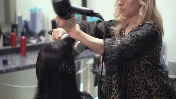 Peluquería hace que el peinado por secador de pelo — Vídeos de Stock