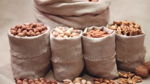 Sacks of different types nuts — Stock Video