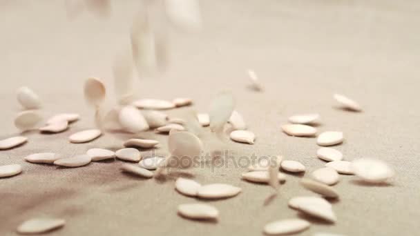 Pumpkin seeds falling down on a linen fabric — Stock Video