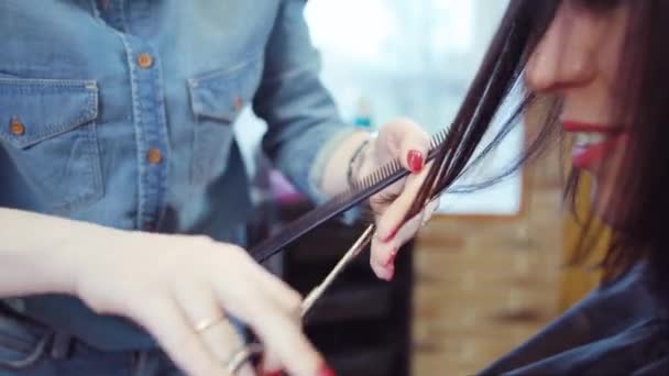 Парикмахер стрижет каштановые волосы ножницами — стоковое видео