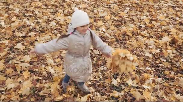 Lycklig liten flicka spinning med en bukett av hösten lämnar i parken. — Stockvideo