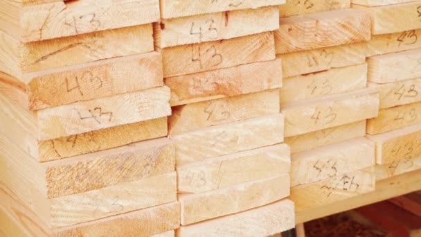 Деревянные доски на складе в лесопилке — стоковое видео