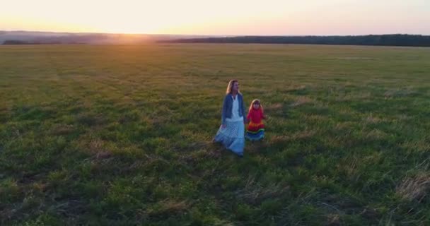 Kızıyla birlikte gün batımında tarlada yürüyen genç bir anne. Hava görünümü. — Stok video