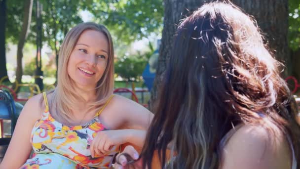 Twee gelukkige zwangere vrouwen blond en brunette zitten in de zomer Park, praten en lachen. — Stockvideo