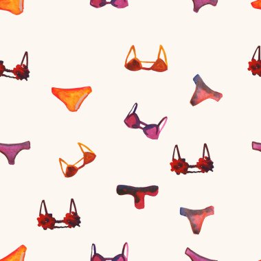 Tarafsız bir bej arka planda, kırmızı, pembe ve turuncu iç çamaşırı, iç çamaşırı ve sutyen desenleri moda tekstili için.