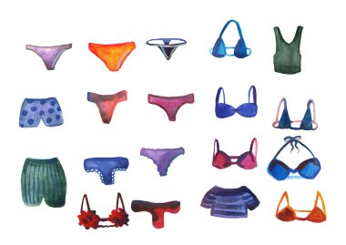 Moda projeleri için farklı iç çamaşırları, külot, külot, sutyen, pantolon ve farklı renkte güzel suluboya klipleri.