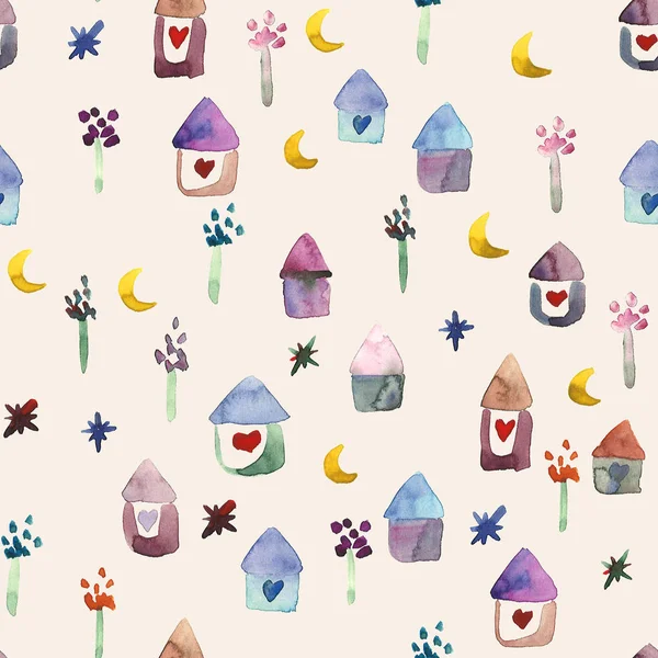 Cute watercolor seamless pattern of a tiny town with houses, hearts, trees crescent moons and stars for textiles or paper