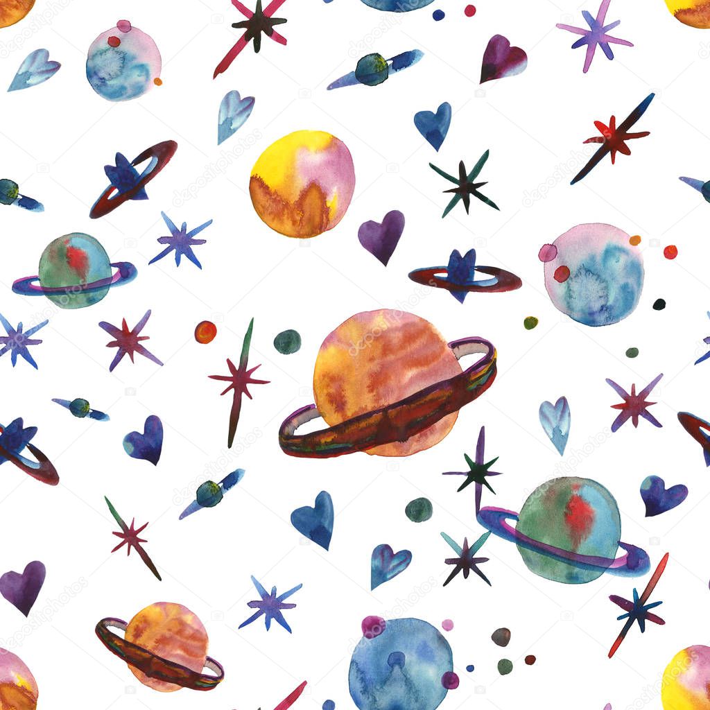 Cute watercolor seamless pattern of planets in space, little Saturns, stars and hearts on a neutral pastel beige background, for textiles and paper