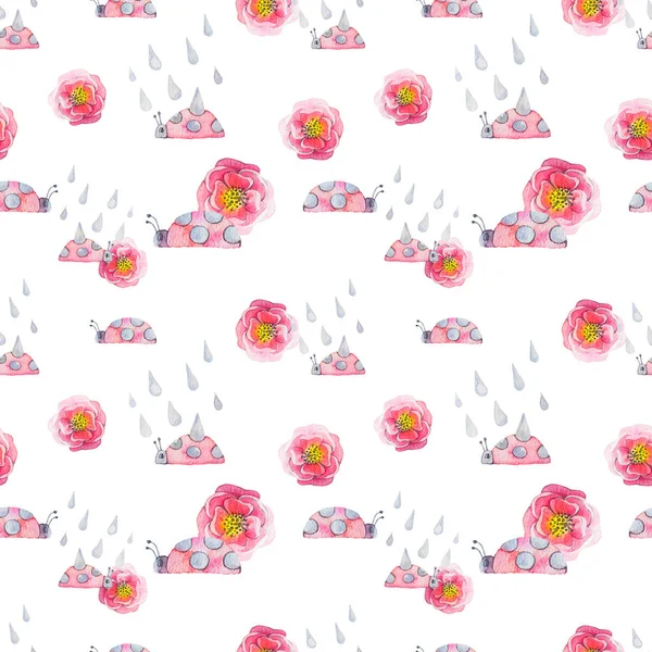 Watercolor seamless pattern. Rainy weather, ladybugs and flowers — Stock Photo, Image