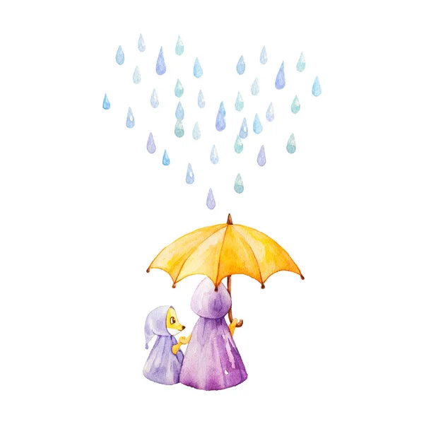 Watercolor Illustration Foxes Rainy Weather Umbrella Mother Daugther Heart Raindrops — Stock Photo, Image