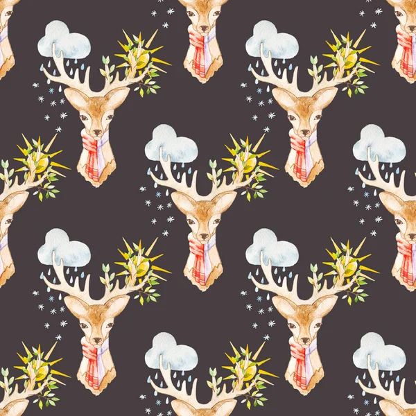 수채화 계절 완벽 한 패턴입니다. 빨간 스카프에 사슴. — 스톡 사진