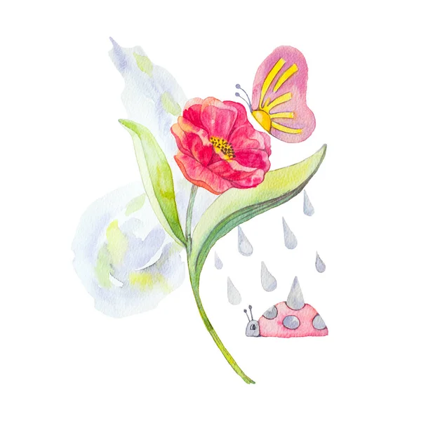 Aquarel raster illustratie. Lieveheersbeestje in een regenachtig weer — Stockfoto