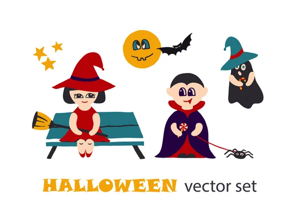 Halloween vector clipart set with kids in costumes — Stock Vector