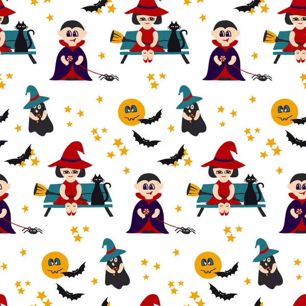 Halloween vector seamless pattern with kids in cute costumes — Stock Vector