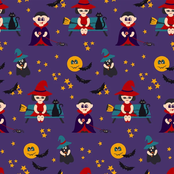 Halloween vector seamless pattern with kids in cute costumes — Stock Vector