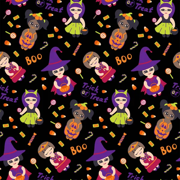 Halloween vector seamless pattern with kids in cute costumes — Stock Vector