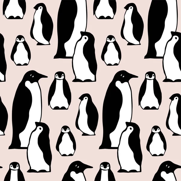 Vector naadloze patroon textuur met pinguins op roze achtergrond — Stockvector