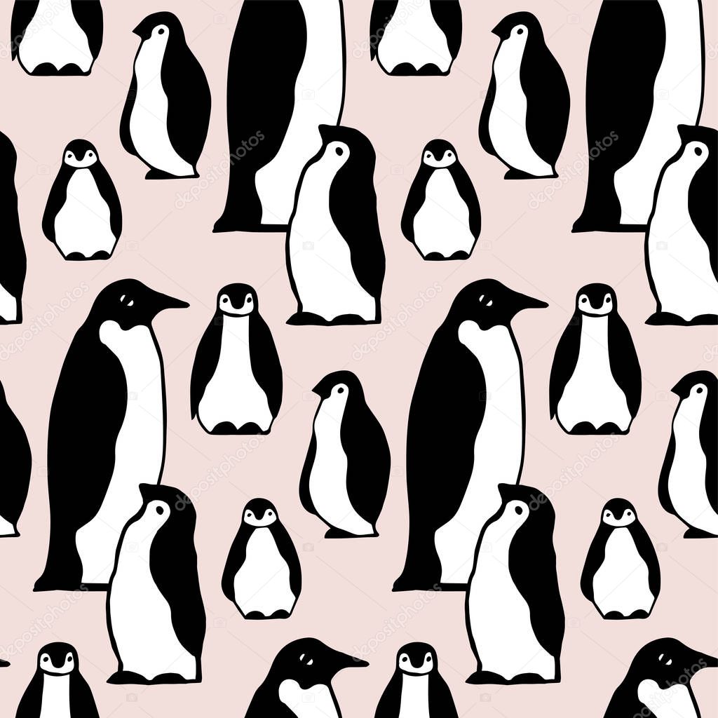 Vector seamless pattern texture with penguins on pink backdrop
