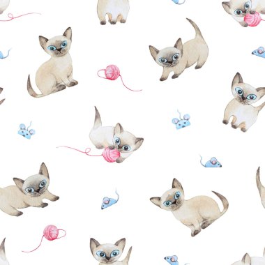 Sulu Boya Dikişsiz desen. Kedi oyuncak fare ile oynarken. Raster