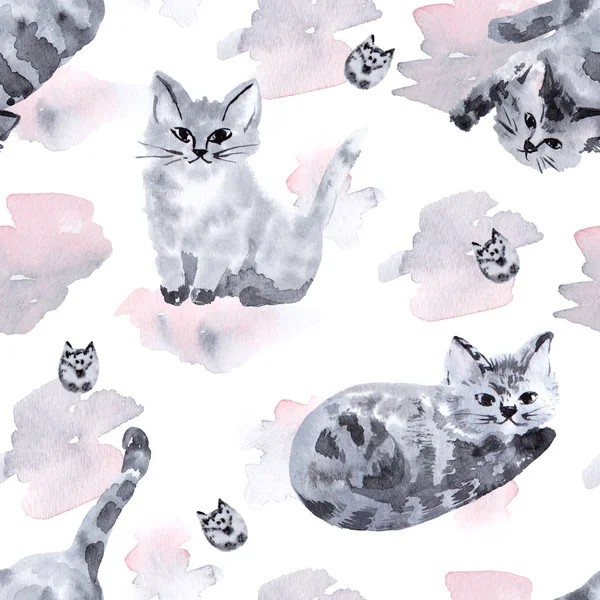Watercolor seamless pattern. Cats playing with toy mouse. Raster