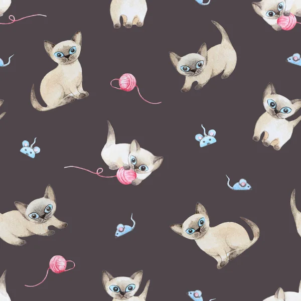 Sulu Boya Dikişsiz desen. Kedi oyuncak fare ile oynarken. Raster