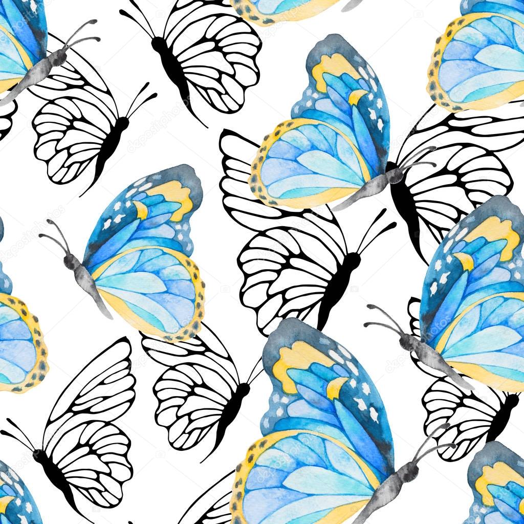 Watercolor seamless pattern with colorful butterflies. Good for 
