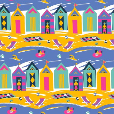 Beach cabin vector seamless pattern. Colorful brigt pattern with people on vacation. clipart