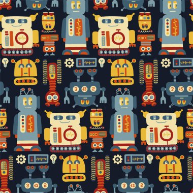 Retro robotlar ile seamless modeli renkli vektör.