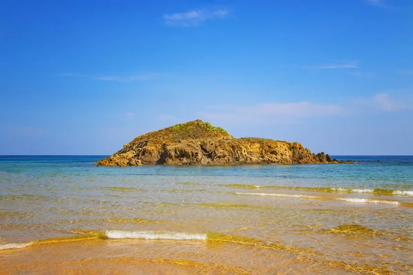 Liten ö på Chia stranden i södra Italien. Det är den vackraste stranden på Sardinien. Flamingor lever i det vilda. Det är en lång strand med gyllene sand. — Stockfoto