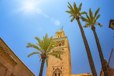 Marakeş, Fas 'ın Medine semtindeki Koutoubia Camii minaresi. Çok güzel yeşil palmiyeler var. Mavi gökyüzü arka planda.