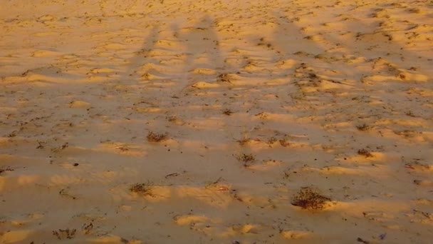 Slow motion video van Camel schaduwen op de duinen van Lompoul woestijn in Senegal, Afrika. Silhouetten van mensen die cdromedarys berijden en de man die hen leidt. Er is een prachtige gouden zonsondergang — Stockvideo