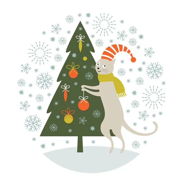 与猫和树的圣诞贺卡 — 图库矢量图片
