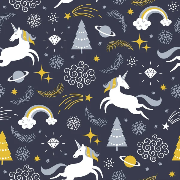 Seamless Christmas pattern with unicorns — Stock Vector