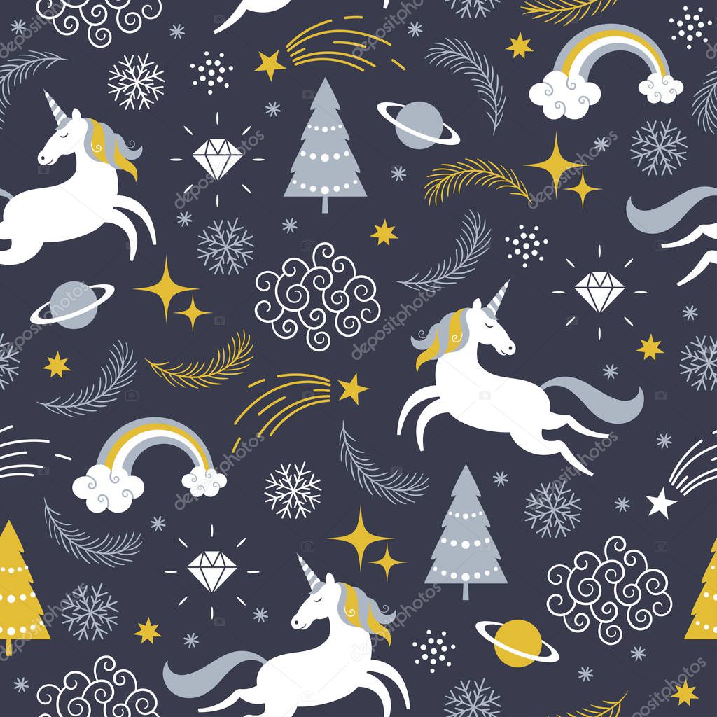Seamless Christmas pattern with trees and unicorns