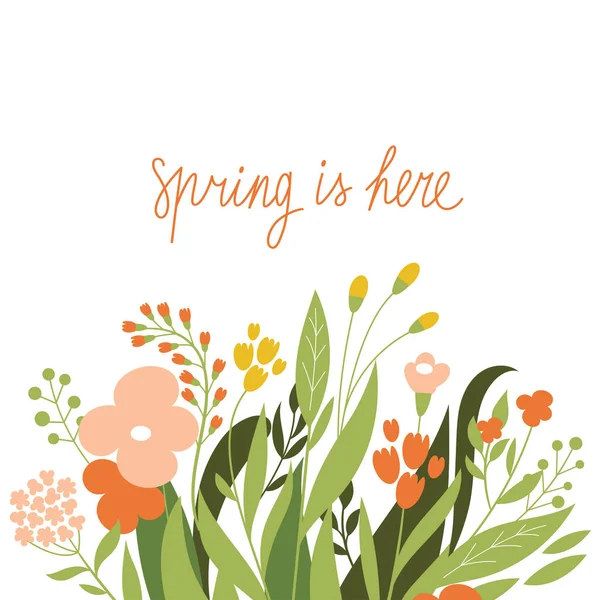 Весна здесь текст и цветы — стоковый вектор