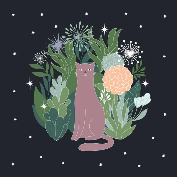 Prachtige bloemen en kat — Stockvector