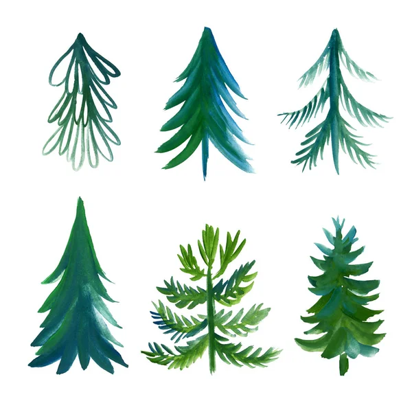 Set of different watercolor fir trees — Stock Photo, Image