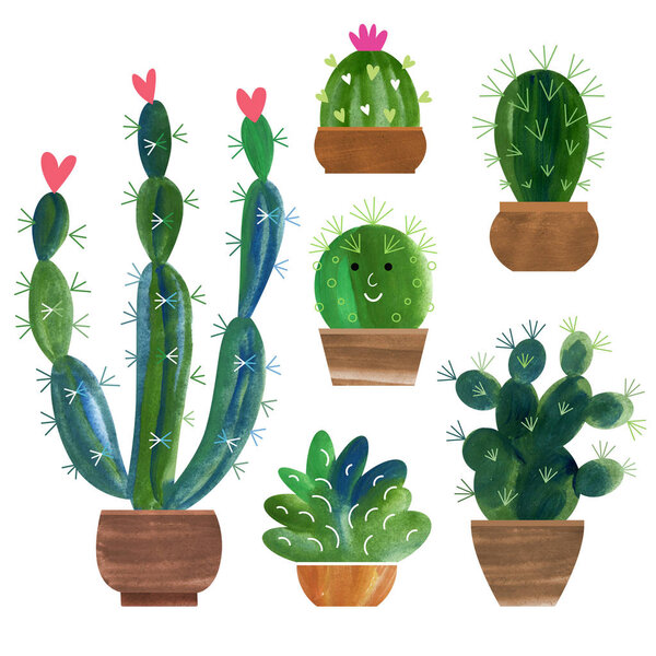 Set of different cactuses in pots