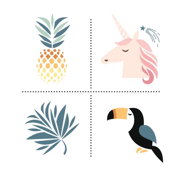 Piña, unicornio, licencia tropical y aves — Vector de stock